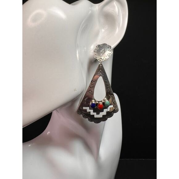Vintage Navajo Joe Delgarito Sterling Silver Lapis Coral Turquoise Earrings - Picture 5 of 16